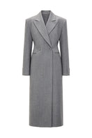 Gray fitted pinstripe wool midi dress-jacket by ELENAREVA, featuring tailored design and classic pinstripe pattern.