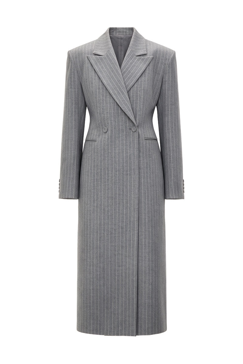 Gray fitted pinstripe wool midi dress-jacket by ELENAREVA, featuring tailored design and classic pinstripe pattern.