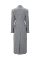 Gray fitted pinstripe wool midi dress-jacket by ELENAREVA, shown on a hanger with a tailored, structured design and classic pinstripe pattern.