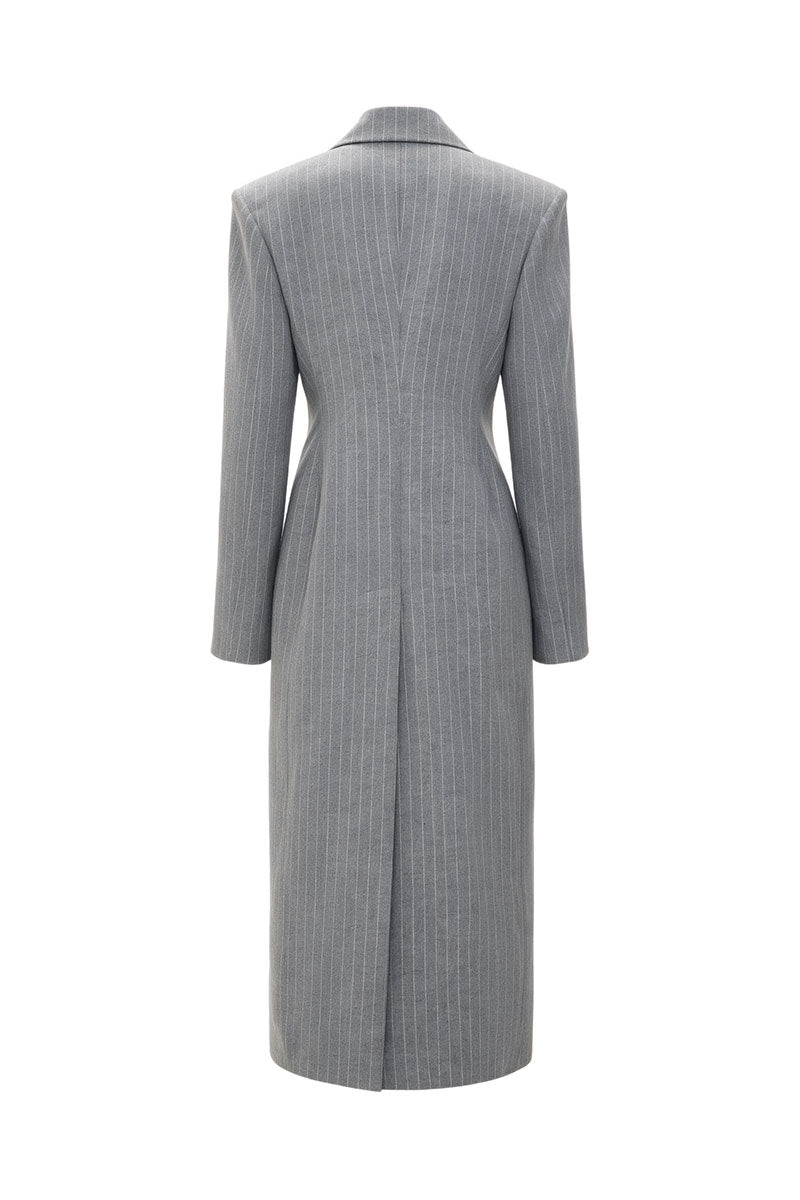Gray fitted pinstripe wool midi dress-jacket by ELENAREVA, shown on a hanger with a tailored, structured design and classic pinstripe pattern.