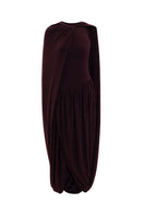 Elegant burgundy jersey midi dress with cape detail from ELENAREVA, shown on a model, featuring a fitted silhouette and stylish design.
