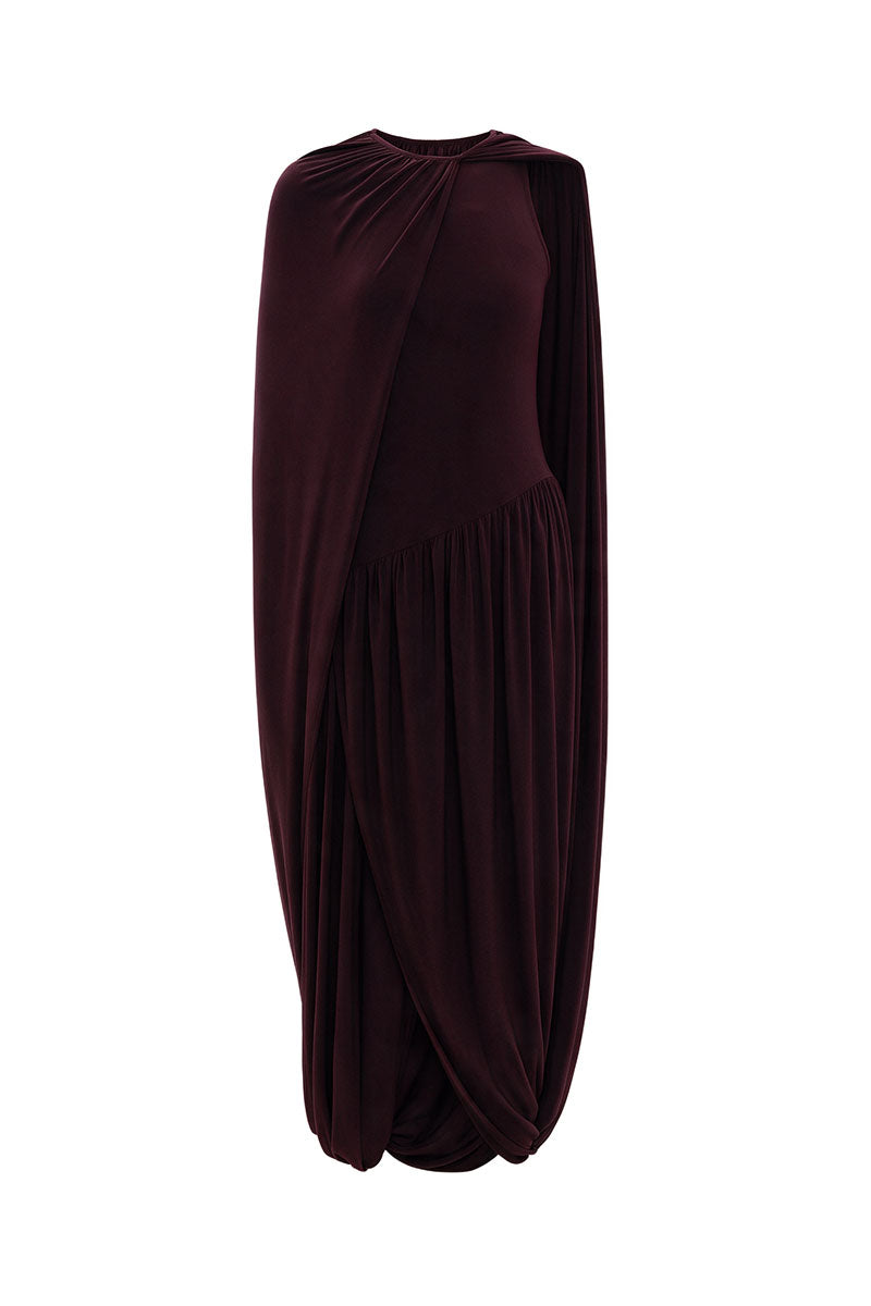 Elegant burgundy jersey midi dress with cape detail from ELENAREVA, shown on a model, featuring a fitted silhouette and stylish design.