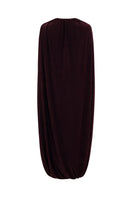 Elegant burgundy jersey midi dress with attached cape by ELENAREVA, featuring a flowing silhouette and stylish design.