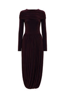Elegant burgundy jersey midi dress with long sleeves from ELENAREVA, shown on a model with a flowing silhouette.