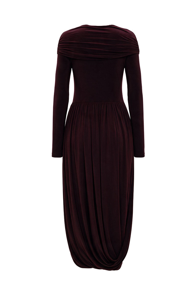 Elegant burgundy jersey midi dress with long sleeves from ELENAREVA, shown on a model with a flowing silhouette.