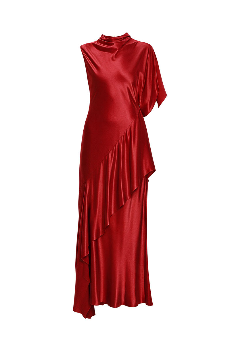 Red maxi dress with ruffles by ELENAREVA, flowing fabric and elegant design perfect for summer or special occasions.