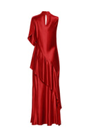 ELENAREVA red maxi dress with ruffles, flowing design, sleeveless style, suitable for summer or casual occasions.