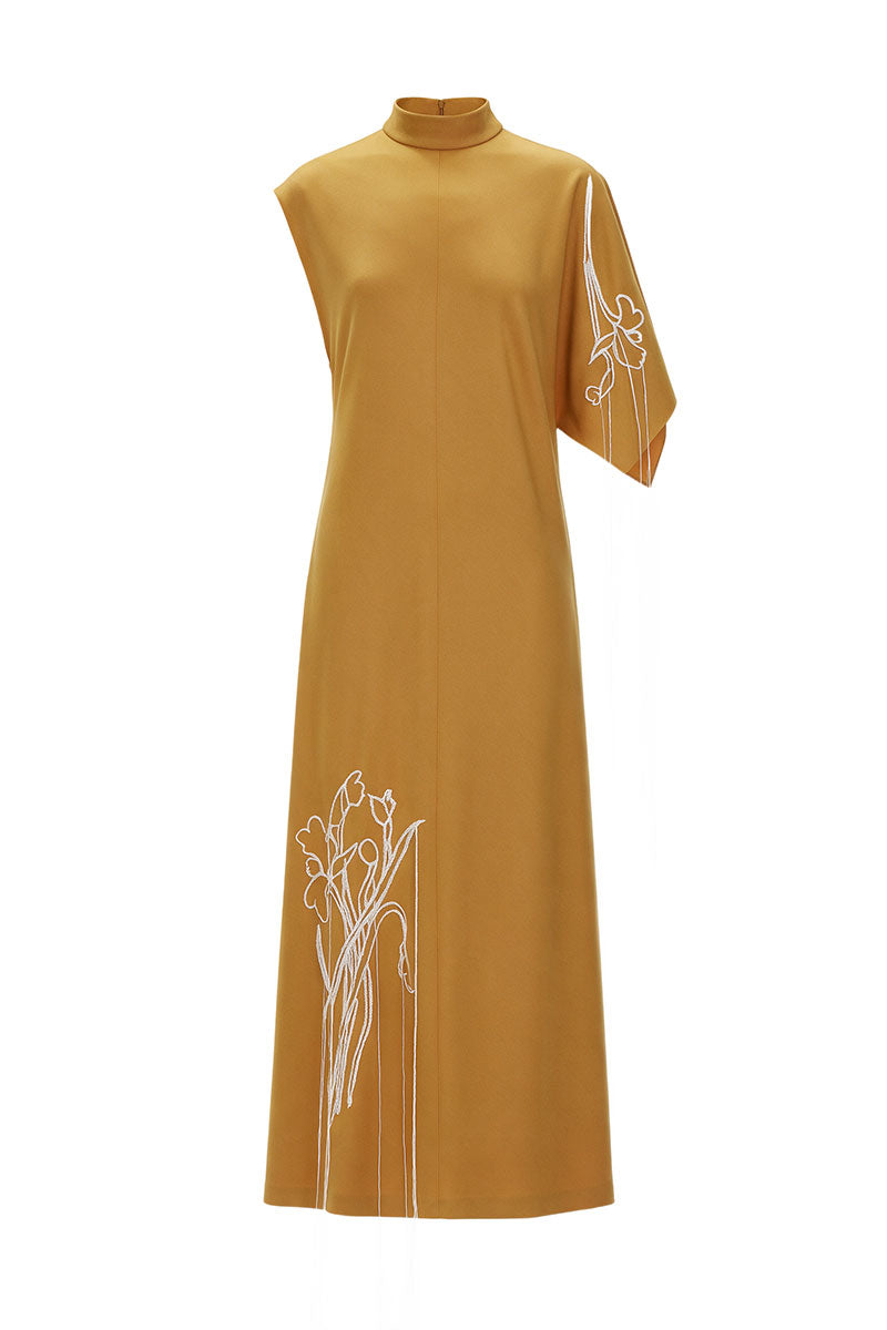 Elenareva ochre one-sleeve embroidered wool midi dress showing intricate embroidery and elegant silhouette.