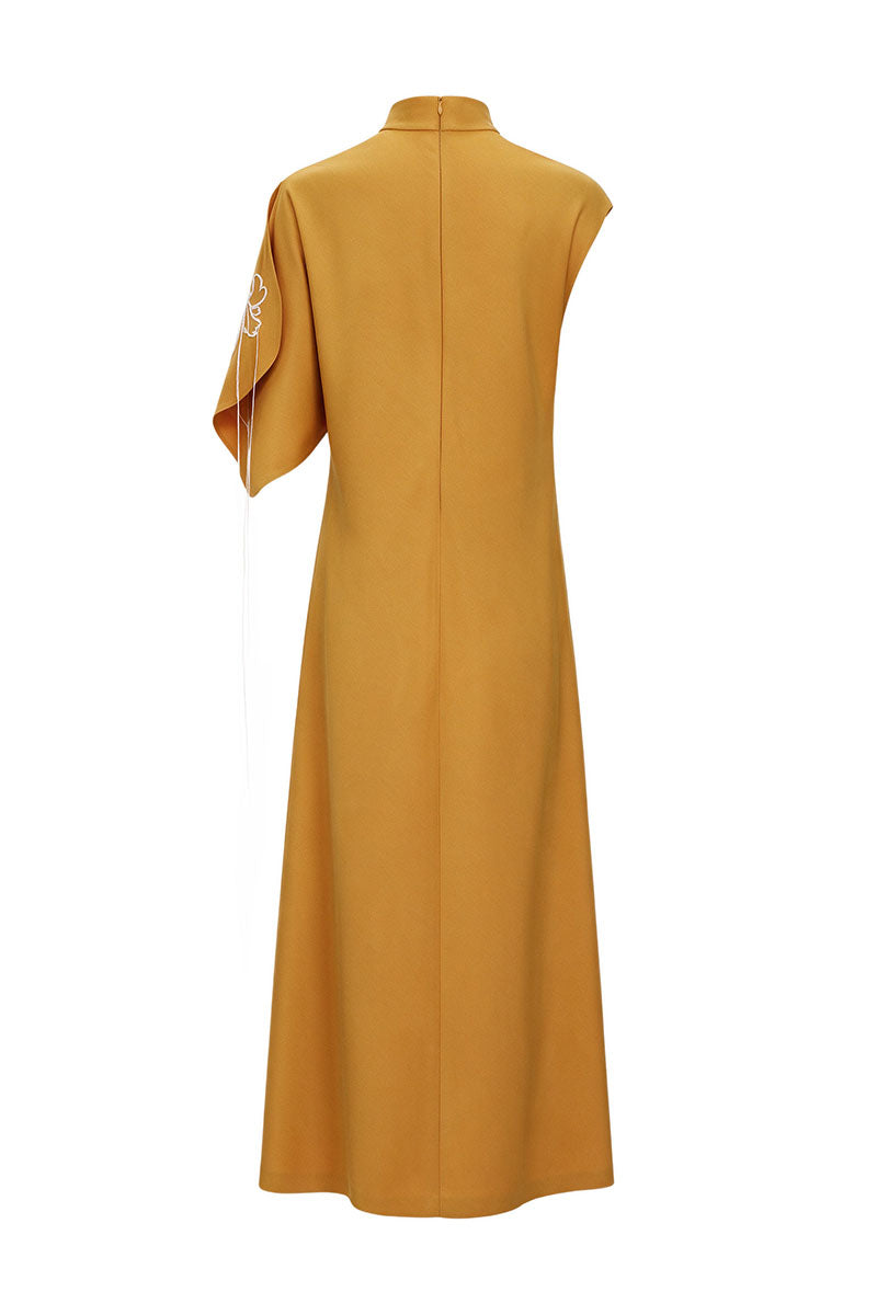 ELENAREVA ochre one-sleeve embroidered wool midi dress displayed on a hanger, showcasing intricate embroidery and elegant design.