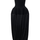 Black wool bustier midi dress with silk skirt by ELENAREVA, featuring fitted bodice and elegant flowing skirt.