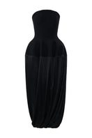 Black wool bustier midi dress with silk skirt by ELENAREVA, featuring fitted bodice and elegant flowing skirt.