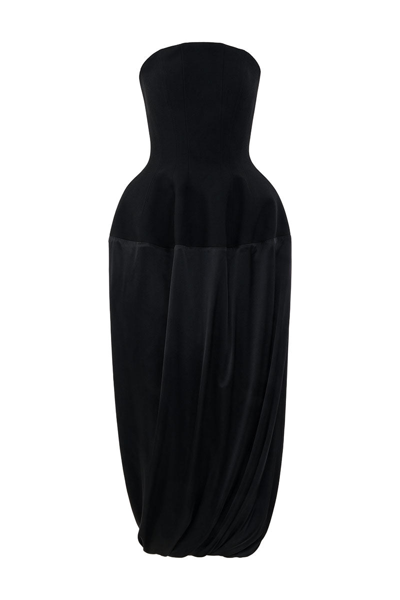 Black wool bustier midi dress with silk skirt by ELENAREVA, featuring fitted bodice and elegant flowing skirt.