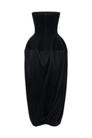 Black wool bustier midi dress with silk skirt from ELENAREVA, shown on a hanger with a smooth background.