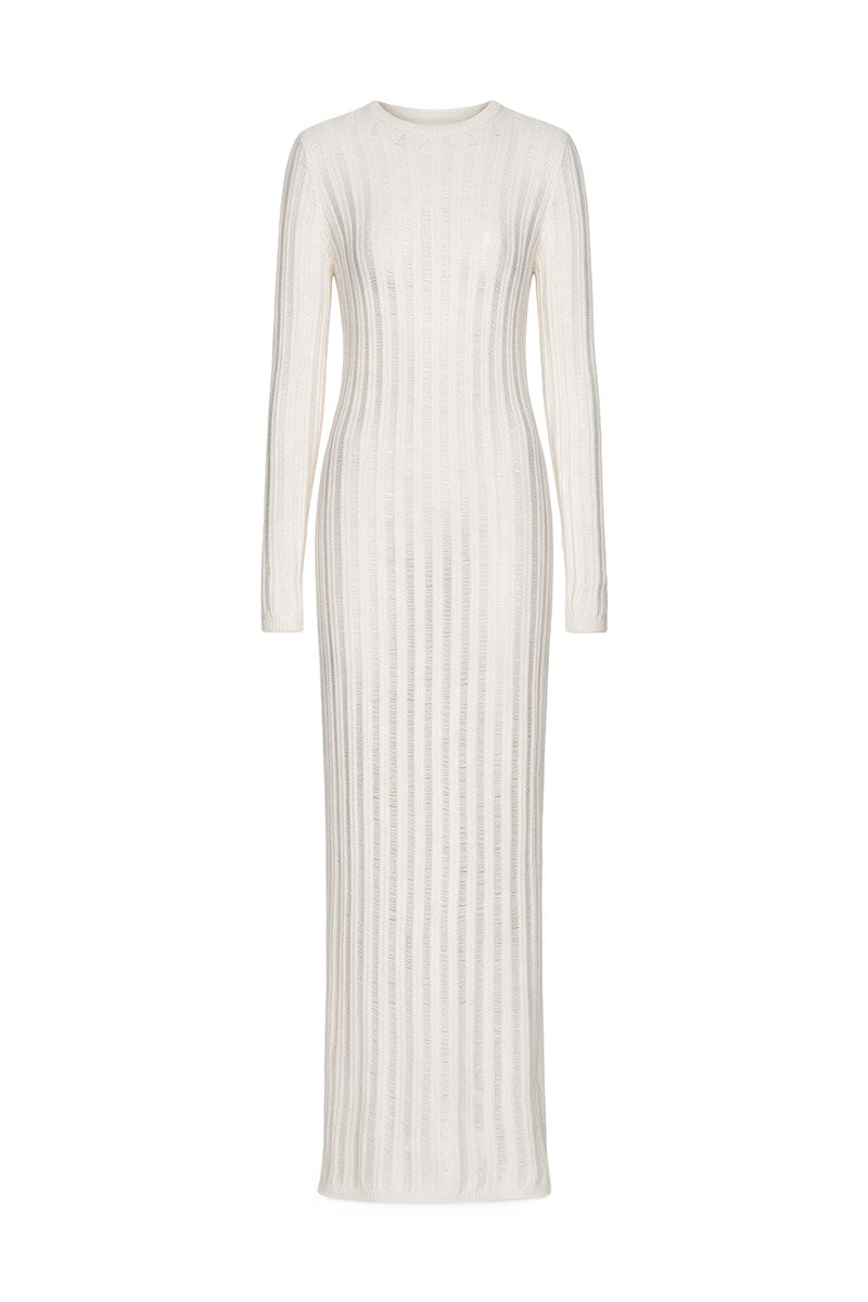 Ivory cashmere knit maxi dress by ELENAREVA, featuring a soft, cozy fabric and elegant length perfect for stylish comfort.