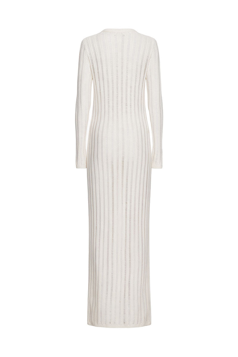 Ivory cashmere knit maxi dress by Elenareva, featuring a soft, cozy texture and a flowing silhouette.