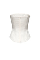 Ivory fitted satin corset top by Elenareva, showcasing smooth satin fabric and structured design on a plain background.