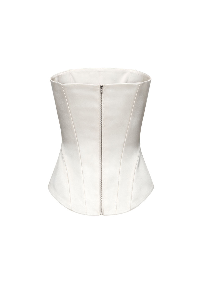 Ivory fitted satin corset top by Elenareva, showcasing smooth satin fabric and structured design on a plain background.