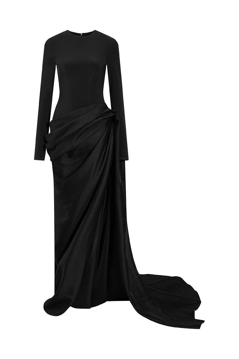 Le Thanh Hoa Serpentine Chic Gown showing front view with elegant design and flowing fabric, perfect for formal occasions.