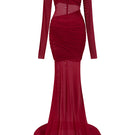 Front view of the Crimson Aphrodite gown by Le Thanh Hoa, showcasing elegant design and luxurious fabric.