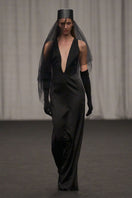 Lili Blanc elegant fitted sleeveless gown with a sleek silhouette and detailed neckline, perfect for formal occasions.