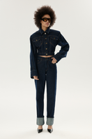 LARETAGGIO hero mid-waist straight-leg denim jeans displayed on a hanger showing classic blue denim fabric and fit.
