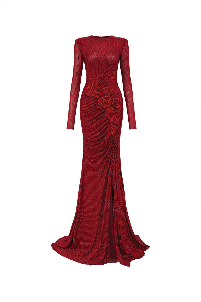 Red glitter stretch gown by Lune De Soie featuring a fitted silhouette and elegant design, perfect for formal occasions.
