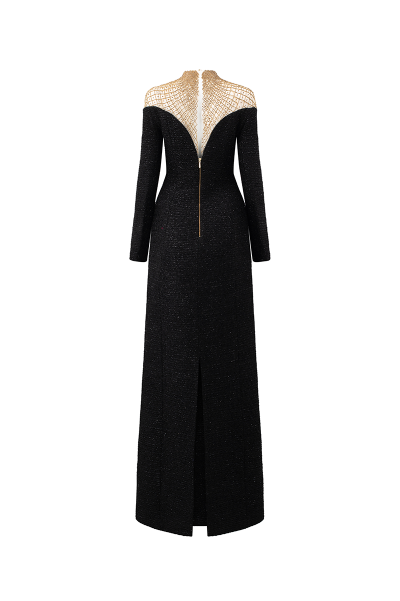 HIGH NECK FISHNET SHOULDER GOWN - CULT MIA