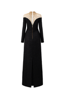 Lune De Soie high neck fishnet shoulder gown showcasing a fitted design with intricate fishnet fabric and elegant high neckline.