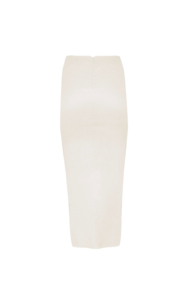 Estefania white gold lilies pareo midi skirt with a flowy, lightweight fabric and elegant floral pattern.