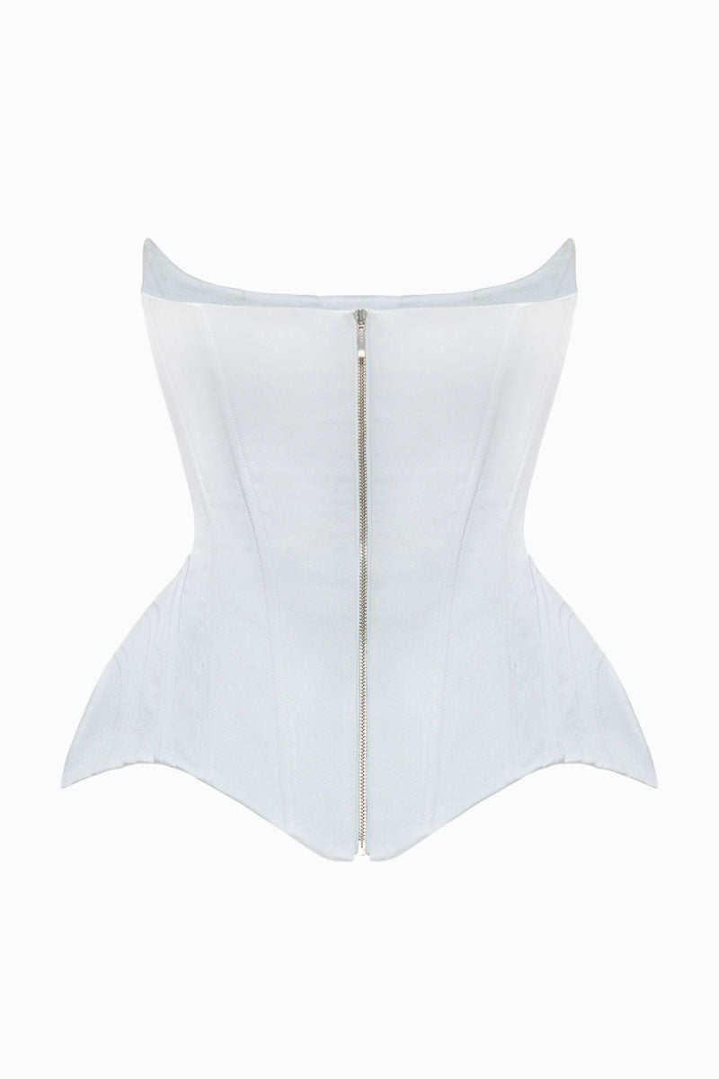 Light-blue Irma corset top by Balykina featuring a fitted design and structured details, displayed on a neutral background.