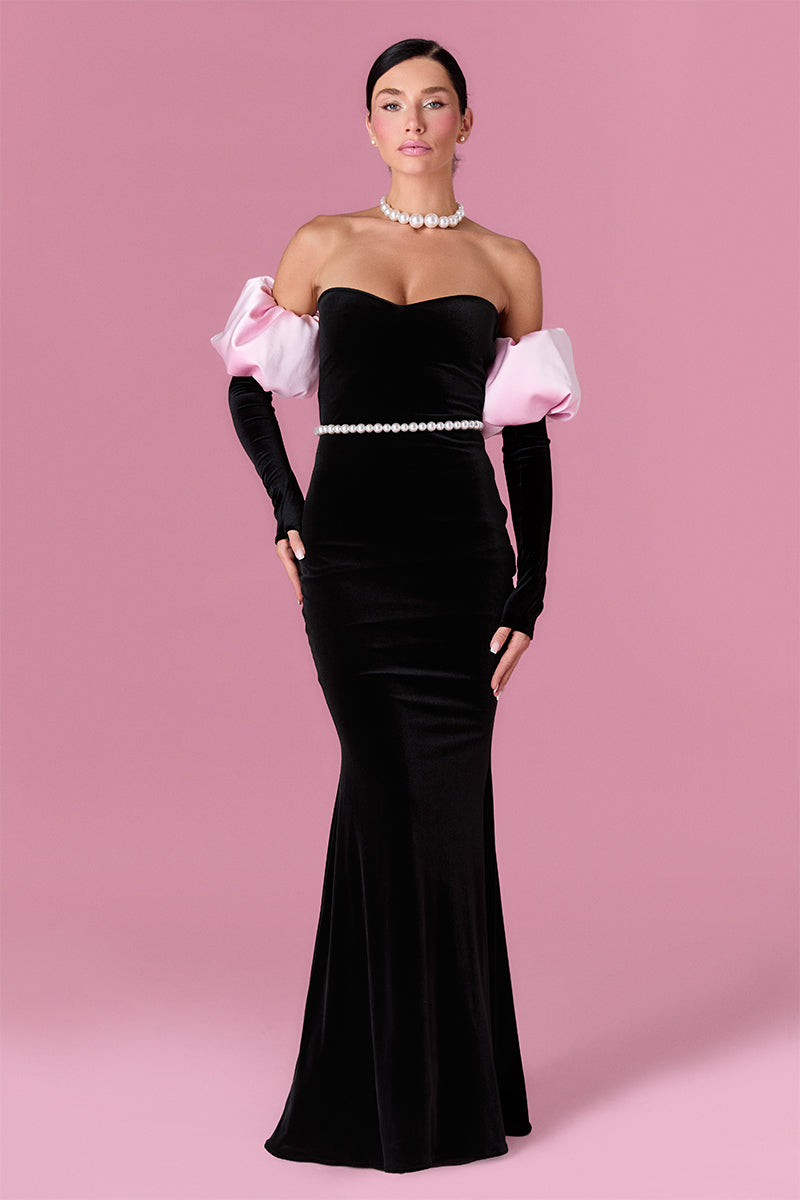 Elegant Nur Karaata Royal Allure gown in deep blue fabric with intricate embroidery and flowing design.