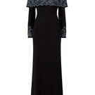 Elegant black gown by Raishma featuring a fitted silhouette and flowing fabric, perfect for formal occasions.