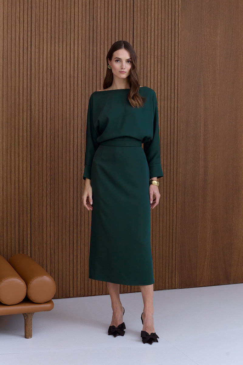 AGALIA DEEP GREEN OFF-THE-SHOULDER MIDI DRESS