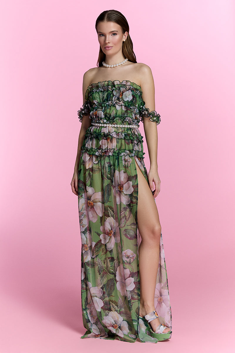 Nur Karaata silk heirloom beach dress, elegant maxi dress with flowing fabric and intricate details, perfect for beachwear.