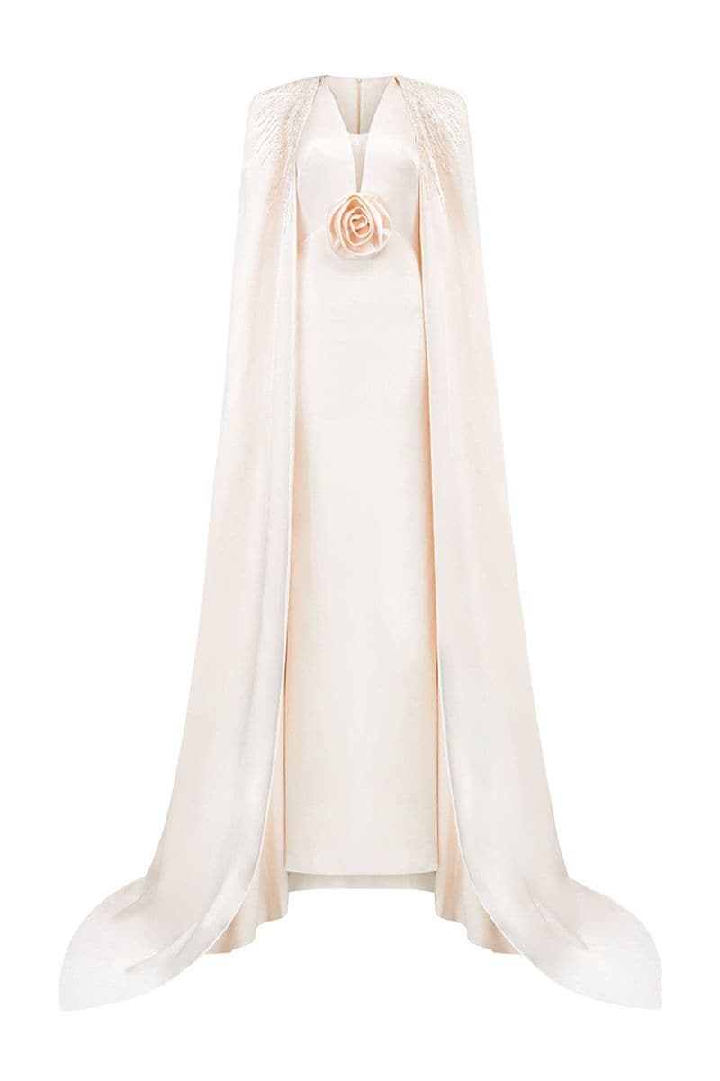 V-NECK GOWN WITH PLEATED LONG CAPE - CULT MIA