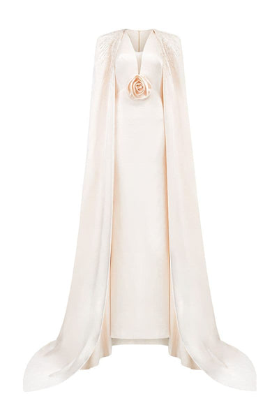 V-NECK GOWN WITH PLEATED LONG CAPE | CULT MIA | I.H.F