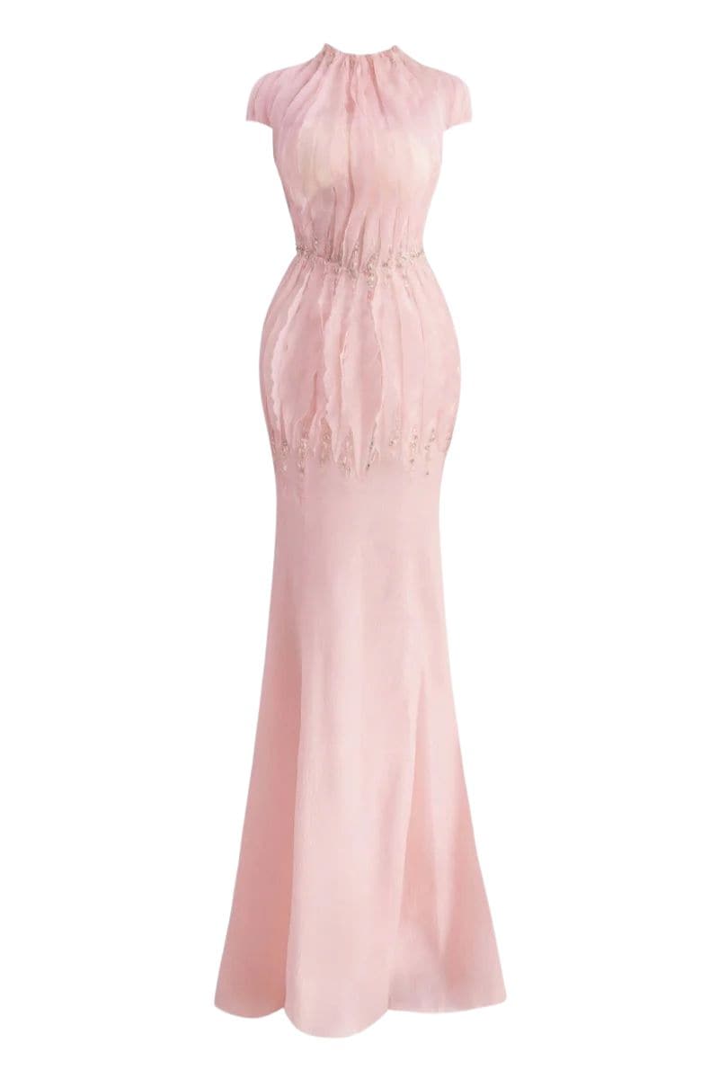 PINK ORGANZA STRAPLESS LAYERED MAXI DRESS - CULT MIA