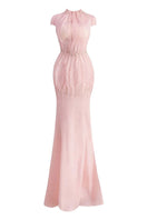 Pink organza strapless layered maxi gown by Happy Clothing, flowing fabric with a fitted bodice and elegant layered skirt.