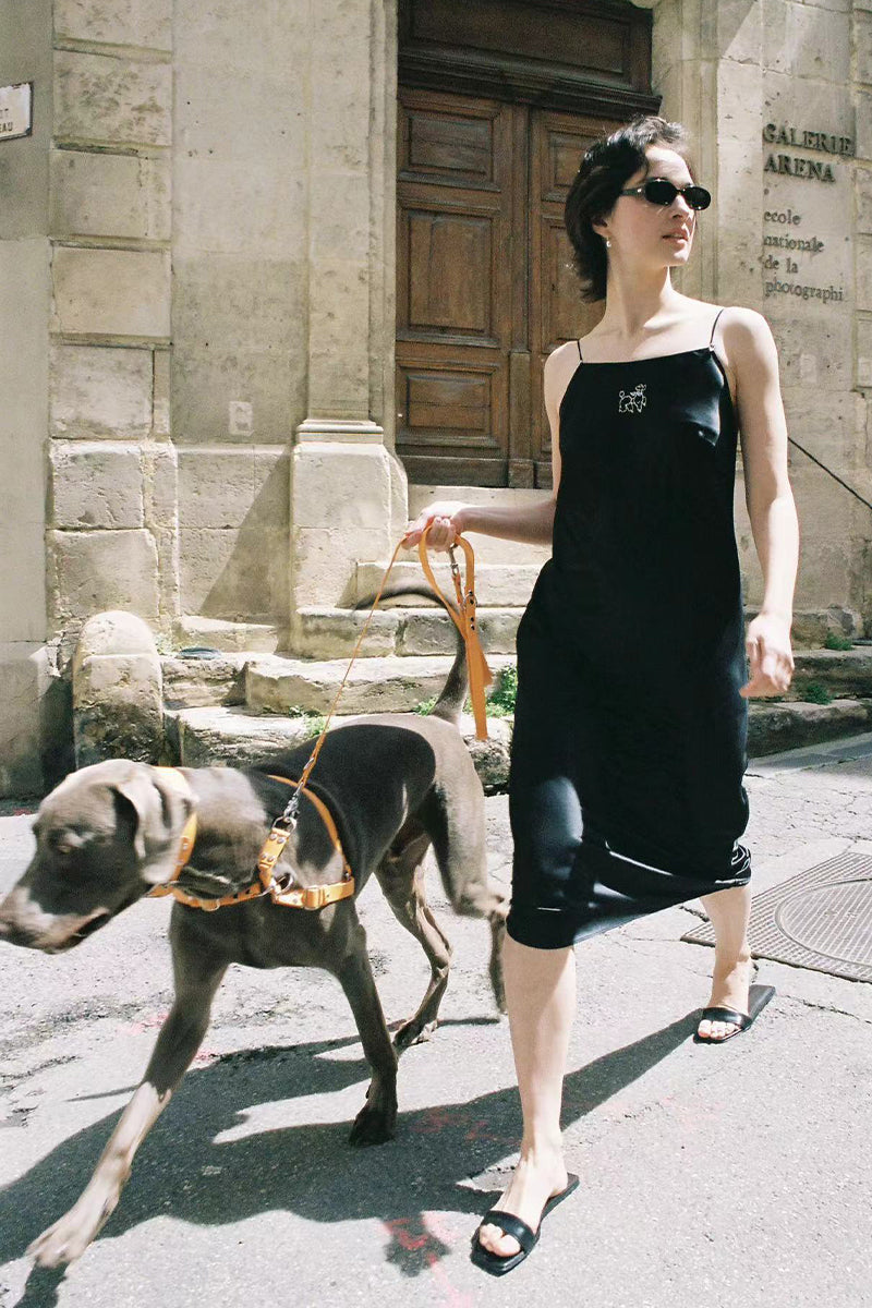 DIAMOND POODLES BLACK SILK SLIP DRESS - CULT MIA
