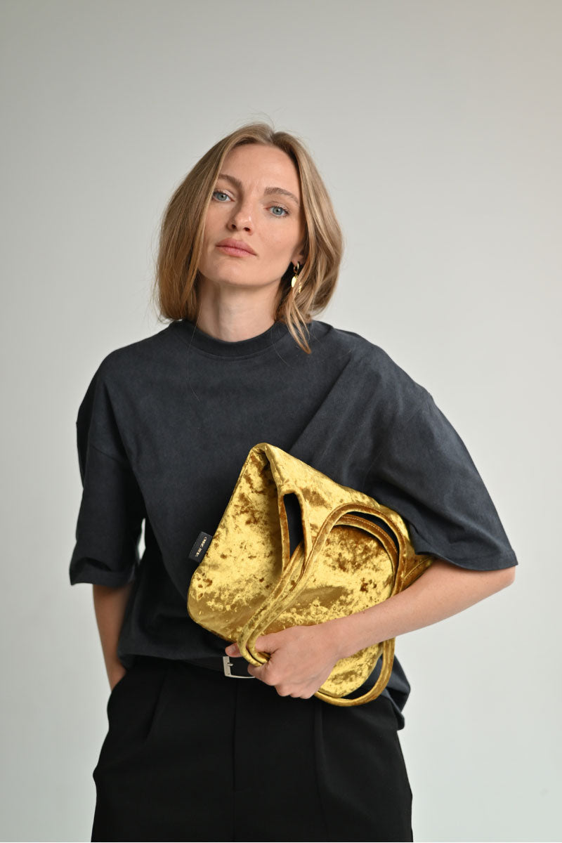 Gold GIGI shoulder bag by VIKELE STUDIO with sleek design and adjustable strap, stylish for everyday wear.