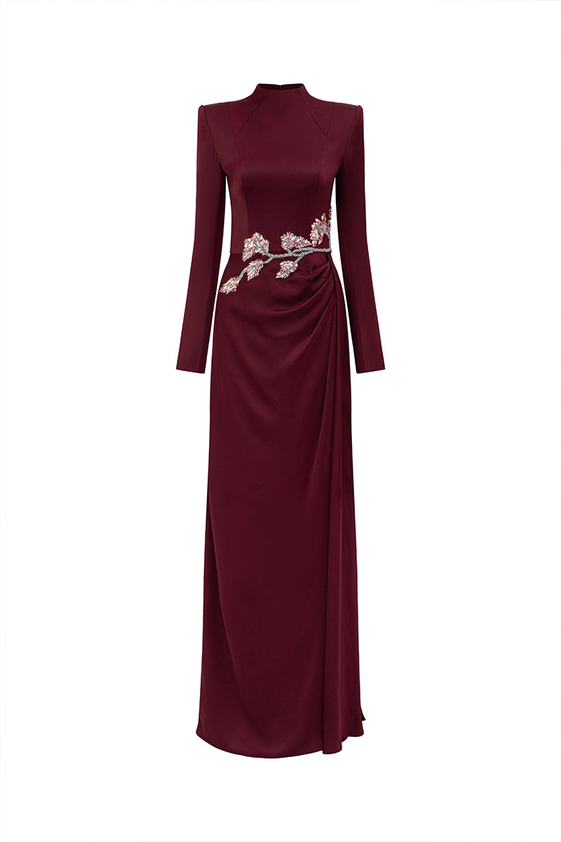 CRYSTAL SILK LONG SLEEVE GOWN IN BURGUNDY