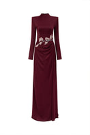 Elegant burgundy crystal silk long sleeve gown by Tracy Studio, featuring flowing fabric and intricate detailing.