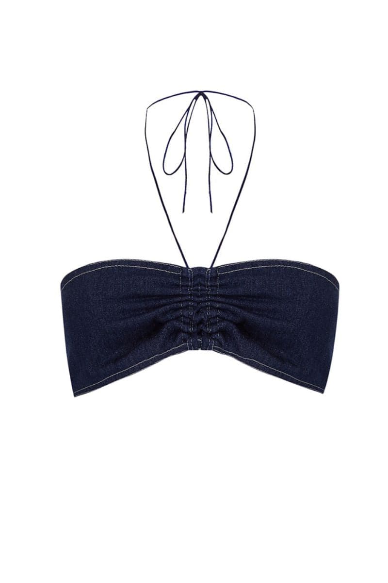 Navy blue denim gathered top by JC Pajares, styled with long sleeves and a relaxed fit for casual wear.