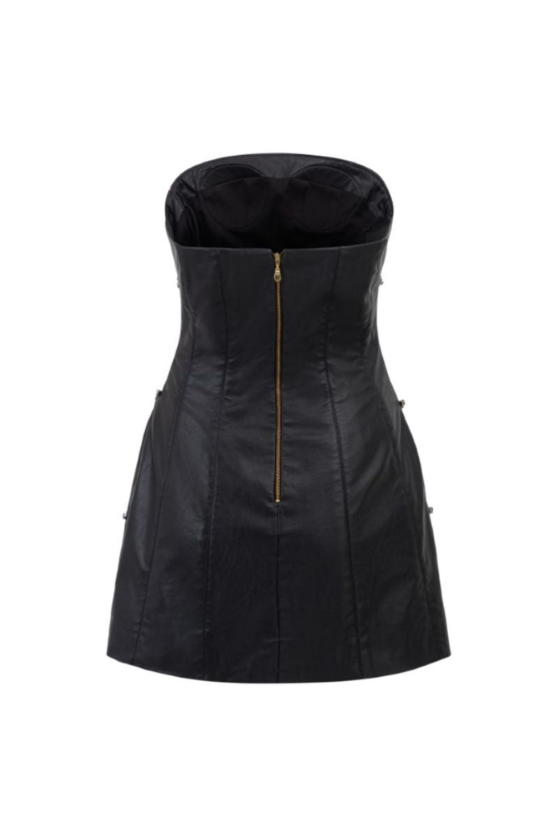 HELGA BLACK LEATHER CRYSTAL MINI DRESS - CULT MIA