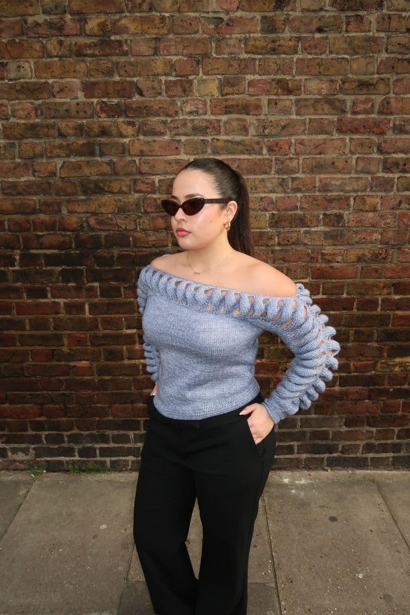 Liya CULT MIA X LIYA shoulder frame sweater in beige with oversized fit and ribbed cuffs, stylish cozy knitwear for women.