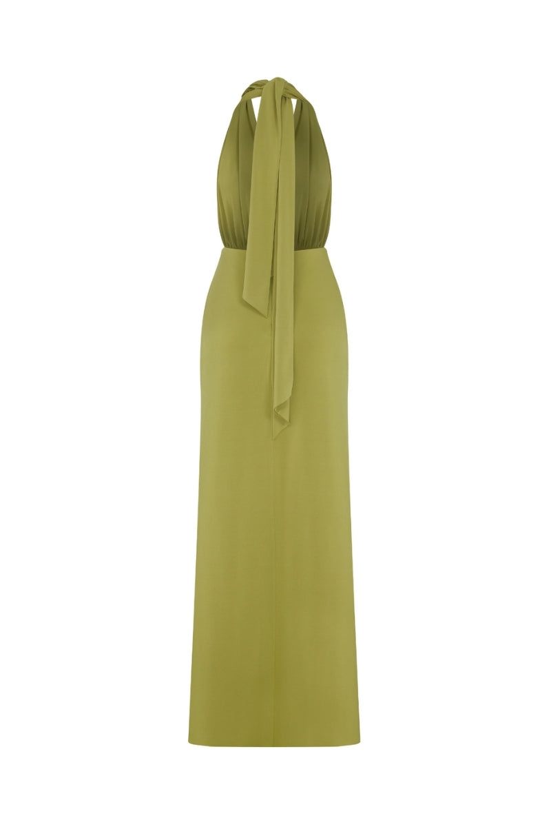 Nazlı Ceren green glow INES jersey long maxi dress with a flowing silhouette and elegant design.