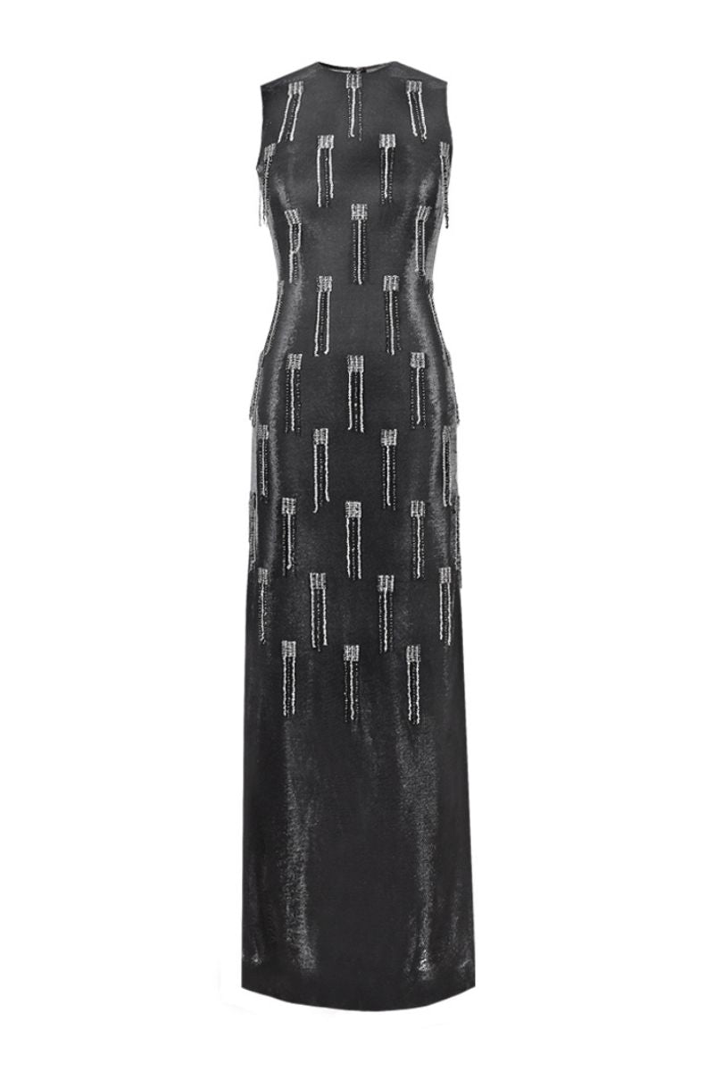 BLACK LUREX-TULLE SEQUIN TASSEL MAXI DRESS - CULT MIA