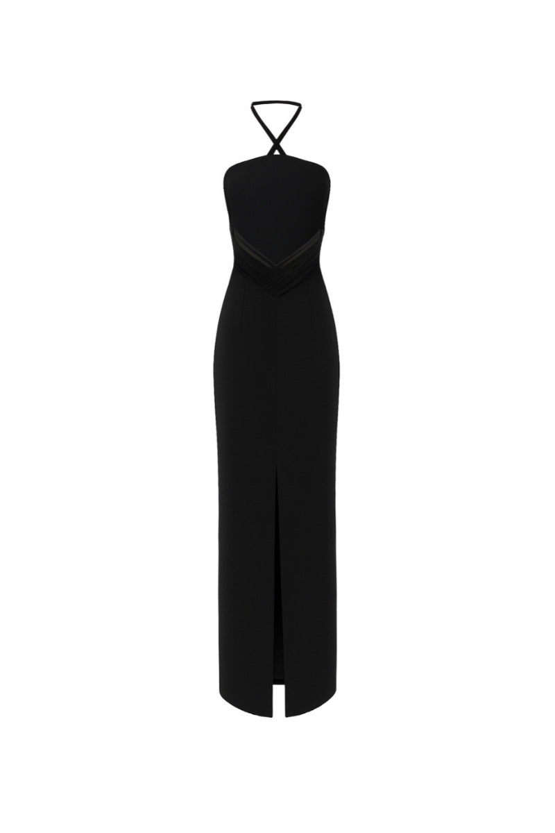 Black Violette Long Crepe Dress by Nazlı Ceren, a stylish black maxi dress with elegant flowing fabric.