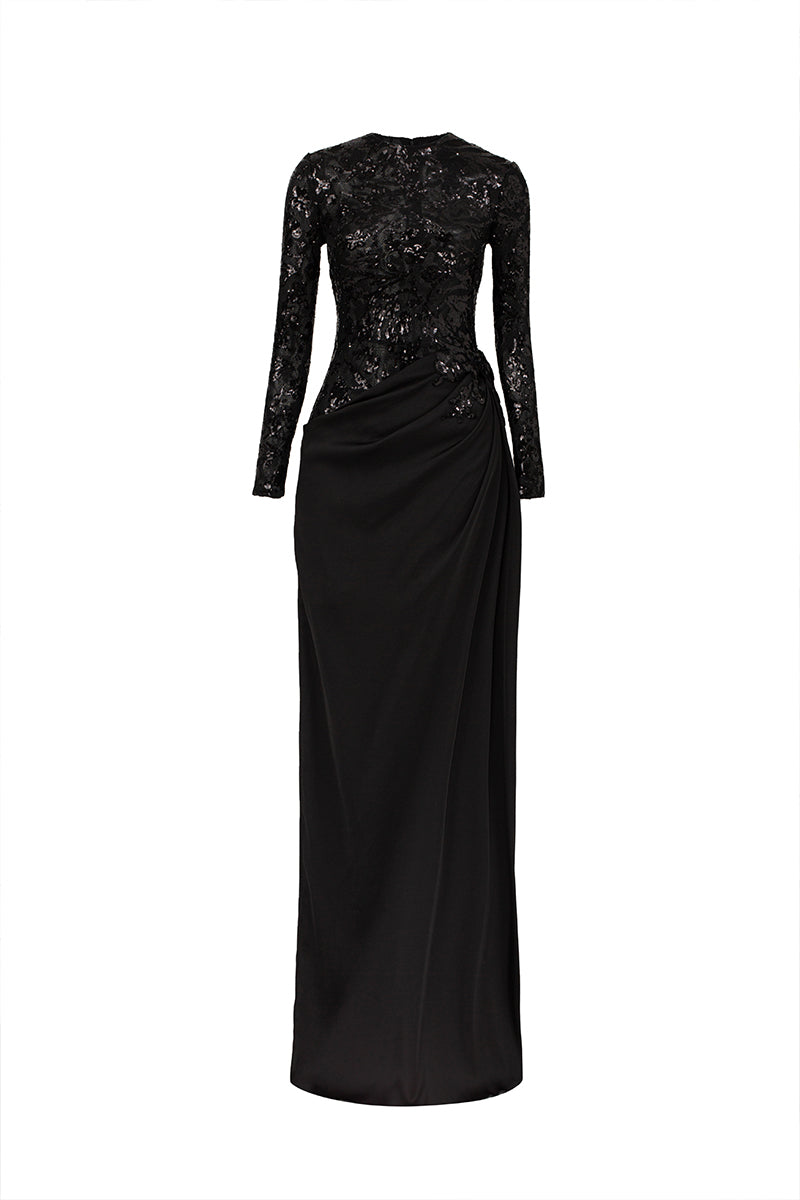 LUSTRE LACE AND LUMIA SILK GOWN IN BLACK