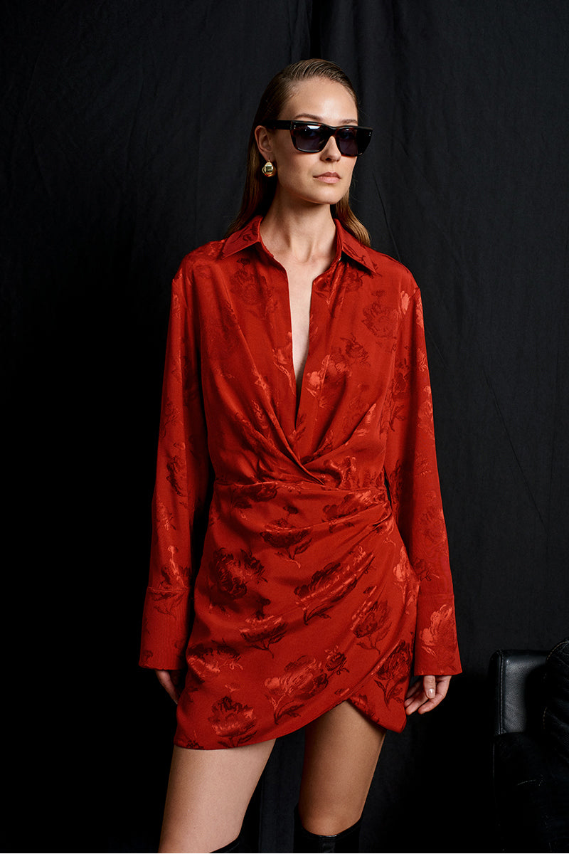 Red Paris Jacquard Dress by Acaria Studio, stylish mini dress with intricate jacquard pattern and fitted silhouette.